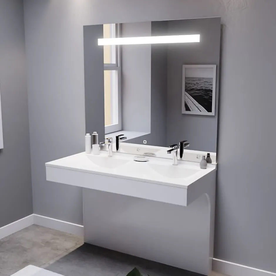 Cuisibane Meuble double vasque PMR EPURE 120 cm avec miroir led Elégance ht105 - Blanc brillant