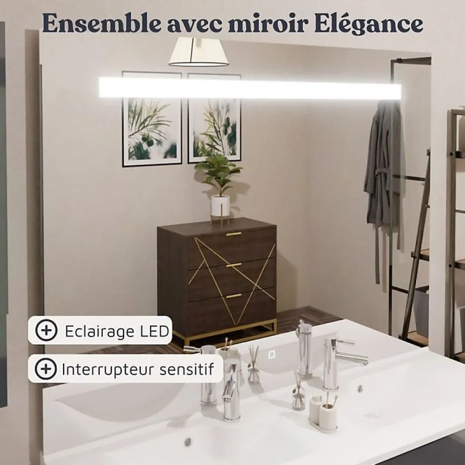 Cuisibane Meuble double vasque PMR EPURE 120 cm avec miroir led Elégance ht105 - Blanc brillant