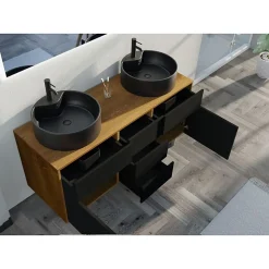 Distribain Meuble double vasque VENEZIA Bois Naturel et Noir mat (sans miroir)