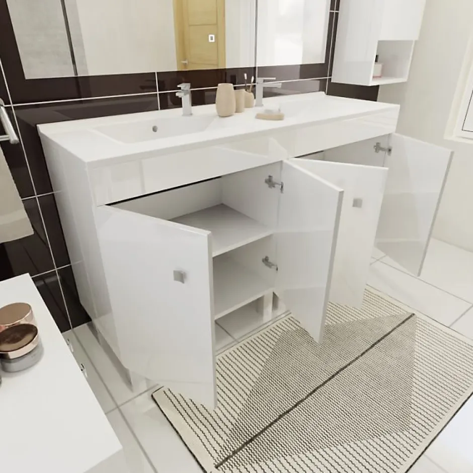Cuisibane Meuble ECOLINE 140 cm avec plan vasque résine et miroir Elégance ht105- Blanc