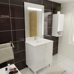 Cuisibane Meuble ECOLINE 70 cm avec plan vasque et miroir ELEG Plus ht105 - Blanc