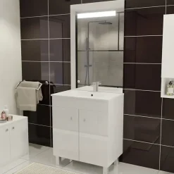 Cuisibane Meuble ECOLINE 70 cm avec plan vasque et miroir ELEG Plus ht105 - Blanc