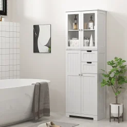 Homcom Meuble haut de salle de bain - armoire salle de bain - grande colonne salle de bain - 4 portes, 2 tiroirs - blanc* Armoire De Salle De Bains