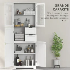 Homcom Meuble haut de salle de bain - armoire salle de bain - grande colonne salle de bain - 4 portes, 2 tiroirs - blanc* Armoire De Salle De Bains
