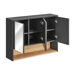 Meublorama Meuble haut de salle de bain TALOKA 3 portes miroir Gris anthracite et chene clair L100 cm Suspendu