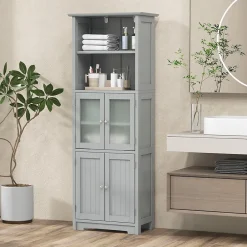 Giantex Meuble Haut de Salle de Bain Rangement 6 Niveaux avec 2 Etageres Ouvertes&2 Compartiments Porte en Verre Transparent Gris