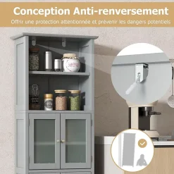 Giantex Meuble Haut de Salle de Bain Rangement 6 Niveaux avec 2 Etageres Ouvertes&2 Compartiments Porte en Verre Transparent Gris