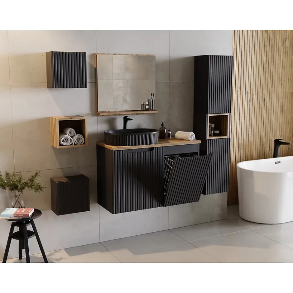 Meublorama Meuble haut de salle de bain VANO 1 porte Noir mat L30 x P18 x H30 cm Meuble suspendu* Armoire De Salle De Bains