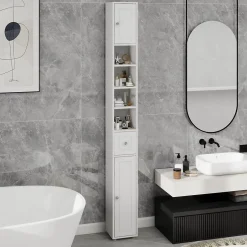 ProximaX Meuble haut et étroit salle de bain blanc, autoportant avec 1 tiroir, 2 portes et 4 étagères réglables, 180 cm