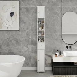 ProximaX Meuble haut et étroit salle de bain blanc, autoportant avec 1 tiroir, 2 portes et 4 étagères réglables, 180 cm