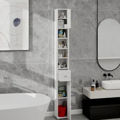 ProximaX Meuble haut et étroit salle de bain blanc, autoportant avec 1 tiroir, 2 portes et 4 étagères réglables, 180 cm