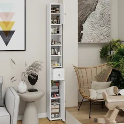 ProximaX Meuble haut et étroit salle de bain blanc, autoportant avec 1 tiroir, 2 portes et 4 étagères réglables, 180 cm