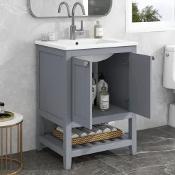 Okwish Meuble Lavabo avec Vasque Céramique - Meuble Sous-Vasque Moderne avec Espace de Rangement, Bois de Pin et MDF, 61x46x90 cm - Gris* Meuble Vasque