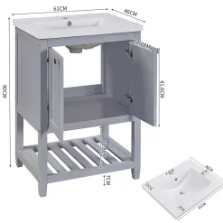 Okwish Meuble Lavabo avec Vasque Céramique - Meuble Sous-Vasque Moderne avec Espace de Rangement, Bois de Pin et MDF, 61x46x90 cm - Gris* Meuble Vasque