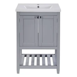 Okwish Meuble Lavabo avec Vasque Céramique - Meuble Sous-Vasque Moderne avec Espace de Rangement, Bois de Pin et MDF, 61x46x90 cm - Gris* Meuble Vasque