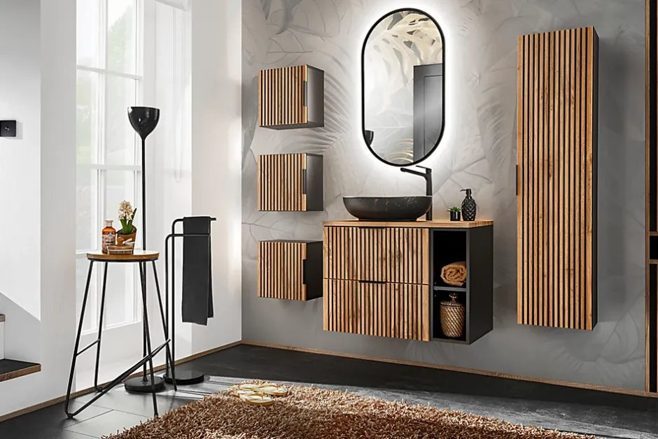 Furnidea Meuble lave main à suspendre XILO NOIR CHÊNE 40 cm
