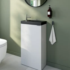 GoodHome Meuble lave mains à poser blanc brillant l.44 x H.79 x P.23 cm, Imandra