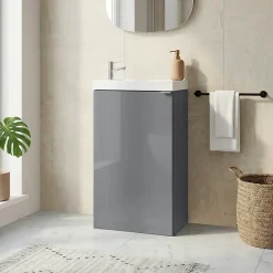 GoodHome Meuble lave mains à poser gris brillant l.44 cm Imandra + plan vasque blanc résine Beni,