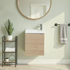GoodHome Meuble lave mains suspendu effet chêne l.44 cm Imandra + plan vasque blanc résine Beni,