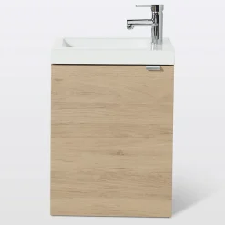 GoodHome Meuble lave mains suspendu effet chêne l.44 cm Imandra + plan vasque blanc résine Beni,