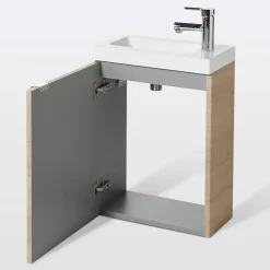 GoodHome Meuble lave mains suspendu effet chêne l.44 cm Imandra + plan vasque blanc résine Beni,