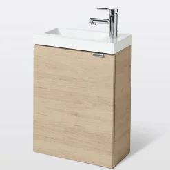 GoodHome Meuble lave mains suspendu effet chêne l.44 cm Imandra + plan vasque blanc résine Beni,