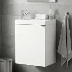 GoodHome Meuble lave mains suspendu blanc brillant l.44 cm Imandra + plan vasque blanc résine Beni,* Lave-Mains