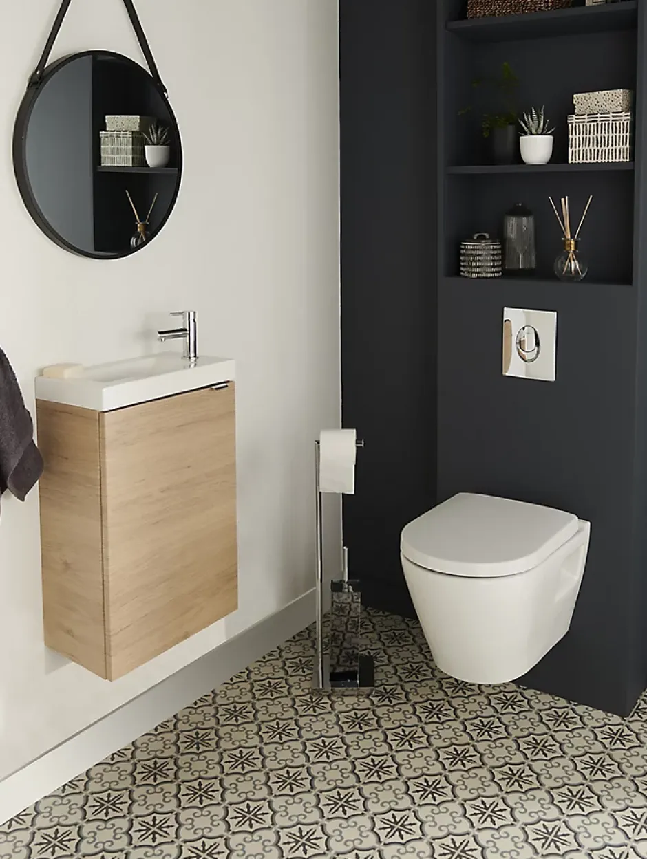 GoodHome Meuble lave mains suspendu effet chêne l.44 x H.55 x P.23 cm, Imandra* Lave-Mains