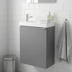 GoodHome Meuble lave mains suspendu gris brillant l.44 cm Imandra + plan vasque blanc résine Beni,