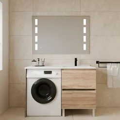 Cuisibane Meuble lave-linge IDEA, plan vasque déportée + Miroir Prestige- Bois- Vasque à droite* Ensemble Meuble De Salle De Bains