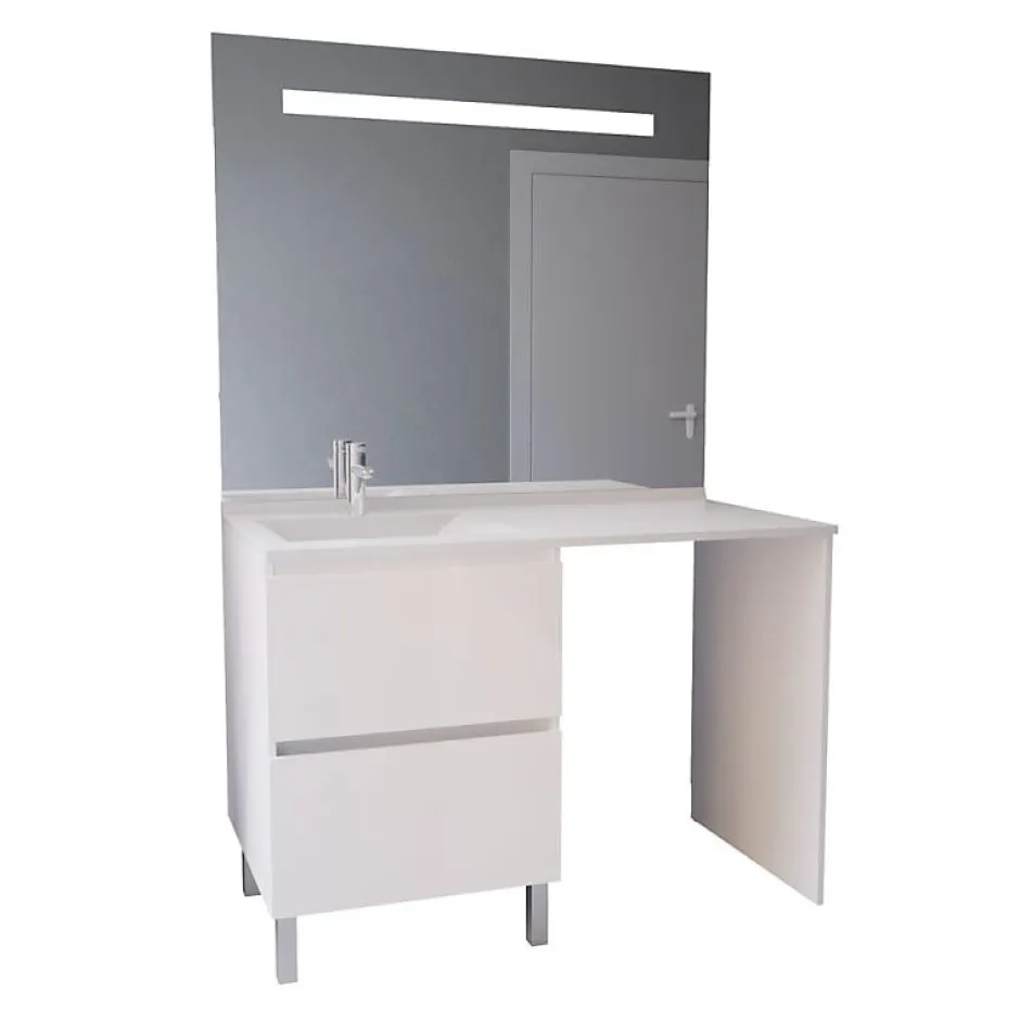 Cuisibane Meuble lave-linge IDEA, plan vasque déportée + Miroir Elégance h105- Blanc- Vasque à gauche* Ensemble Meuble De Salle De Bains