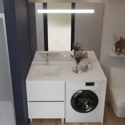 Cuisibane Meuble lave-linge IDEA, plan vasque déportée + Miroir Elégance h105- Blanc- Vasque à gauche* Ensemble Meuble De Salle De Bains