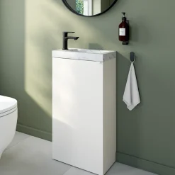 Homesight Meuble lave-mains à poser blanc mat l.44 cm Imandra + plan vasque effet marbre blanc, GoodHome