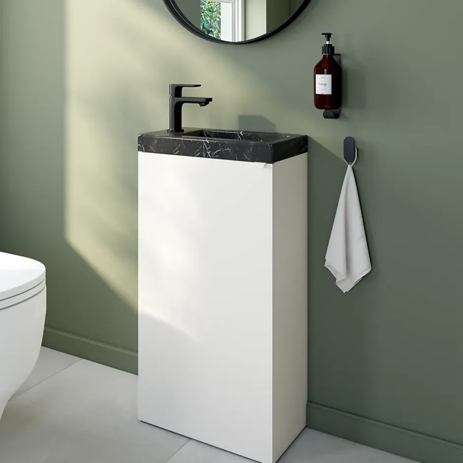 Homesight Meuble lave-mains à poser blanc mat l.44 cm Imandra + plan vasque effet marbre noir, GoodHome* Lave-Mains