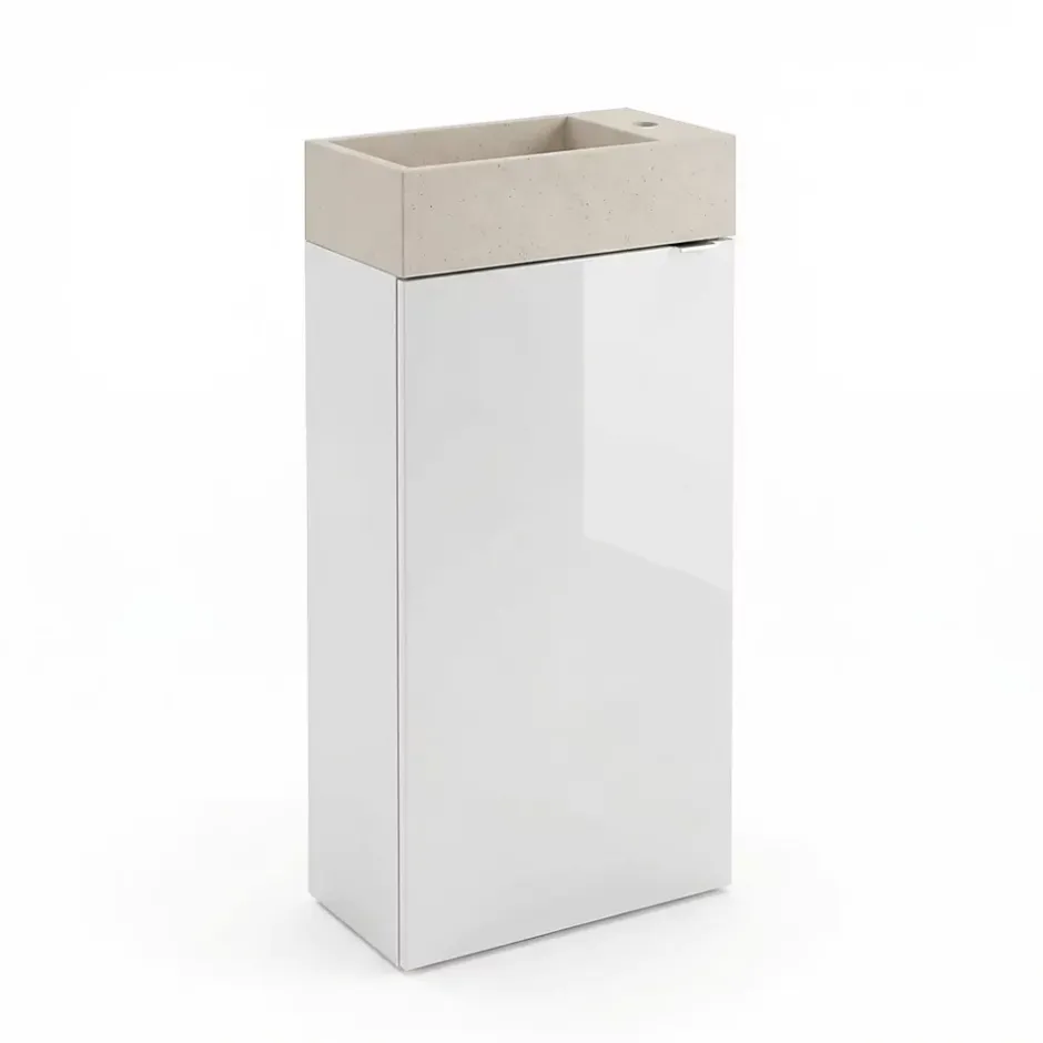 Meuble lave-mains à poser blanc brillant l.44 cm Imandra + plan vasque béton beige moucheté, GoodHome* Lave-Mains