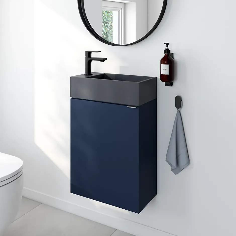 Homesight Meuble lave-mains à poser bleu nuit mat l.44 cm Imandra + plan vasque béton gris, GoodHome