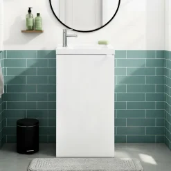 GoodHome Meuble lave-mains à poser blanc mat l.44 cm Imandra + plan vasque blanc résine Beni,* Lave-Mains|Meuble De Salle De Bains Faible Profondeur