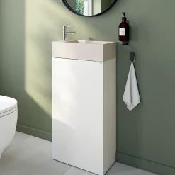 Homesight Meuble lave-mains à poser blanc mat l.44 cm Imandra + plan vasque béton beige moucheté, GoodHome* Lave-Mains