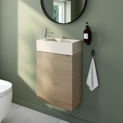GoodHome Meuble lave-mains à poser effet chêne l.44 cm Imandra + plan vasque béton beige moucheté,* Lave-Mains