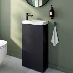 Homesight Meuble lave-mains à poser noir mat l.44 cm Imandra + plan vasque effet marbre blanc, GoodHome* Lave-Mains