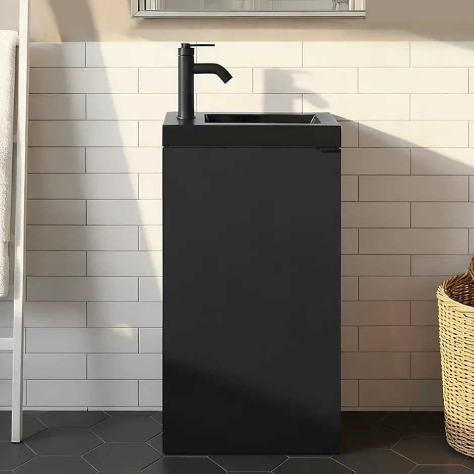 GoodHome Meuble lave-mains à poser noir mat l.44 cm Imandra + plan vasque noir céramique Nira,* Lave-Mains