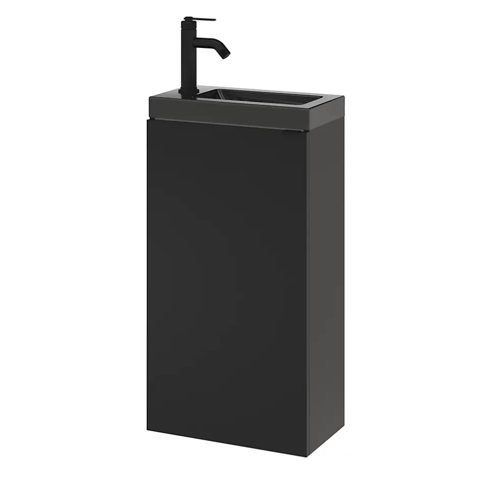 GoodHome Meuble lave-mains à poser noir mat l.44 cm Imandra + plan vasque noir céramique Nira,* Lave-Mains