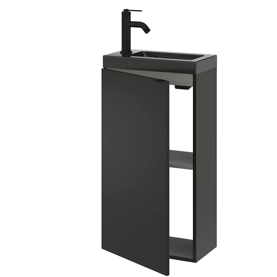 GoodHome Meuble lave-mains à poser noir mat l.44 cm Imandra + plan vasque noir céramique Nira,* Lave-Mains