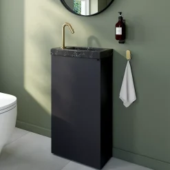 Homesight Meuble lave-mains à poser noir mat l.44 cm Imandra + plan vasque effet marbre noir, GoodHome* Lave-Mains