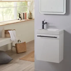Planète Bain Meuble lave-mains blanc avec vasque en céramique, mitigeur et poignée noire