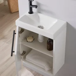Planète Bain Meuble lave-mains blanc avec vasque en céramique, mitigeur et poignée noire