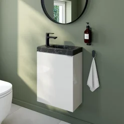 GoodHome Meuble lave-mains blanc brillant l.44 cm Imandra + plan vasque effet marbre noir,