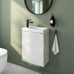 GoodHome Meuble lave-mains blanc brillant l.44 cm Imandra + plan vasque terrazzo,