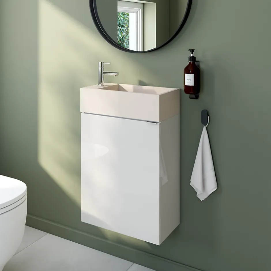 GoodHome Meuble lave-mains blanc brillant l.44 cm Imandra + plan vasque béton moucheté,* Lave-Mains