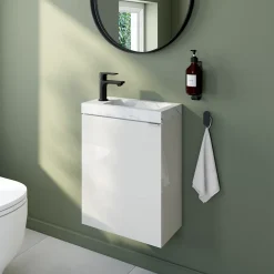 GoodHome Meuble lave-mains blanc brillant l.44 cm Imandra + plan vasque effet marbre blanc,* Lave-Mains